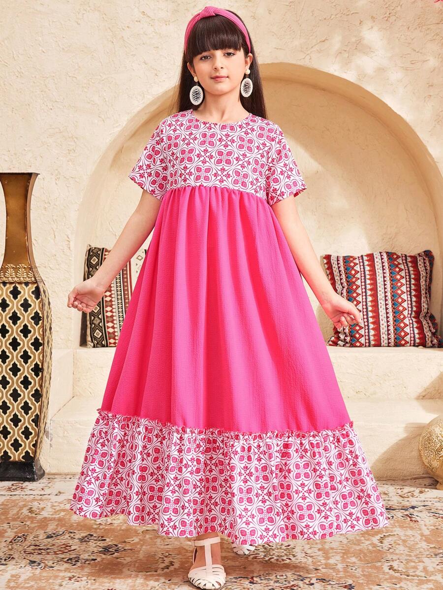 SHEIN Leap Crew Tween Girls' Vacation Round Neck Short Sleeve Patchwork Dress - Hot Pink - View 1