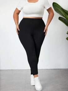 SHEIN CURVE+ 加大码女式基本款紧身裤，可调节松紧腰身，曲线加大，波西米亚度假风 - 黑色 - 查看 7