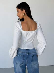 Aloruh Damen Ausgeh-Top Moderne Mode Elegante Frühlings Bluse Täglicher Lässig Einfacher Business Pendler Basic Stil Einfarbiges Top Altes Geld Stil Quadratischer Kragen Schleifendekor, Hochzeitsgast Top Damen, Brunch für Damen, St. Patrick, Ostern, Boho, Bescheiden, Streetwear, Minimalana, Vordere Schleife Top - Weiss - Übersicht 2