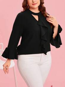 SHEIN Clasi Plus Size Women Solid Flare Cuff Ruffle Hem Elegant Shirt Valentines - Black - View 5