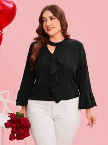 SHEIN Clasi Plus Size Women Solid Flare Cuff Ruffle Hem Elegant Shirt Valentines - Black - View 7