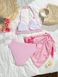 SHEIN 3 Stücke Set Bikini für Teenager Mädchen mit floralem Muster und dreieckigem Oberteil, inklusive Strandüberwurf, geeignet für Urlaub, retro, Strand, Ozean, Eleganz und Niedlichkeit - Verschiedenfarbig - Übersicht 2