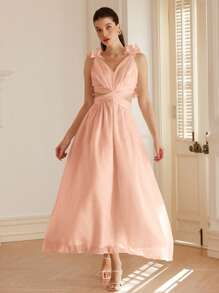 GENKIRA Đầm dài hở lưng cổ chữ V quấn chéo màu trơn phong cách Ý gợi cảm dành cho nữ - Hồng - Xem 3