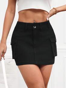 SHEIN Tall Women's Black Denim Mini Skirt: Casual Style With Zipper Detail And Cargo Pockets - Black - View 5