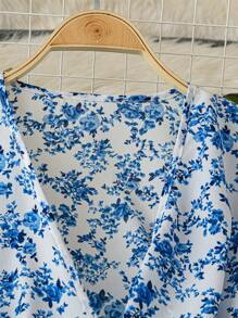 Trelyra 迷人优雅的小碎花连衣裙，V 领和腰带，女式波西米亚结，荷叶边下摆，裹身短袖 V 领常规版型中长款杏色荷叶边袖全身印花，小碎花、花卉、植物 A 字型女式长裙，春夏，休闲日常穿着超长度假海滩装 - 藍色 - 查看 3