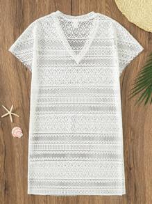 SHEIN Leap Crew Teens Girls' White Hollow Out Jacquard V-Neck Dolman Sleeve Beach Cover Up, Suitable For Vacation, Beach, Swimwear