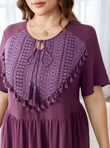 Al Najma Vestido longo casual plus size com franjas e cor sólida - Roxa - Ver 6