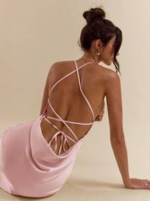 SHEIN BAE 杏色白色深 V 领细肩带超长露背系带缎面鱼尾连衣裙，优雅连衣裙，度假连衣裙，伴娘连衣裙，生日派对连衣裙，毕业礼服，白色连衣裙 - 珊瑚粉 - 查看 5