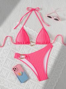 Swim SXY مجموعتان من ملابس السباحة المكونة من بكيني مثلثي بتصميم هالتر، بلون أحادي ملمس، مزين بعنصر معدني، ملابس سباحة أنيقة وجذابة للنساء للاستخدام في العطلات والأحتفالات على الشاطئ وحفلات المسبح