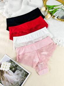4pcs Plus Size Women's Fashion Lace Patchwork Triangle Panties - Multicolor - View 2