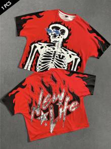 PAVTROS Young Street Style For Men, A Versatile Item For INS: An Oversized Skull Portrait Graffiti Black Flame Illustration. Cropped Loose White Short-Sleeved T-Shirt With Oversized Lettering Prints On The Front And Back. Versatile, Suitable For Sportswear, Back-To-School Wear And Boyfriend Gifts. Streetwear, Y2k Men - Red - View 1