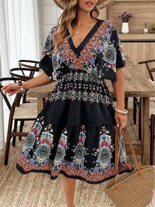 Franclia Plus Size Vrouwen V-hals Bedrukte Getailleerde Midi-jurk, Lente/Zomer