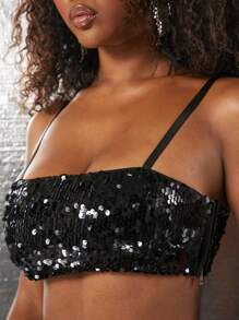 NYA SZN 露脐亮片派对夜店细肩带吊带背心，适合参加派对、俱乐部、音乐会、节庆活动，秋夏季女款 - 黑色 - 查看 3