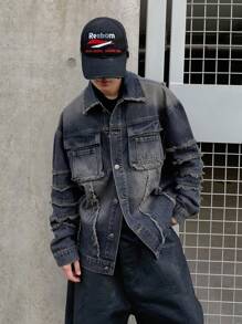 Manfinity EMRG 男士休闲水洗渐变磨边牛仔夹克 - 深色水洗藍 - 查看 1