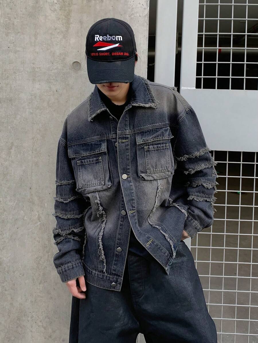 Manfinity EMRG 男士休闲水洗渐变磨边牛仔夹克 - 深色水洗藍 - 查看 1