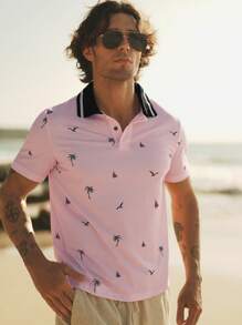 Manfinity VCAY 男士针织修身常规肩翻领短袖休闲Polo衫，适合夏季。夏季Polo衫沙滩男士粉色男士衬衫情人节男士 - 彩色 - 查看 1