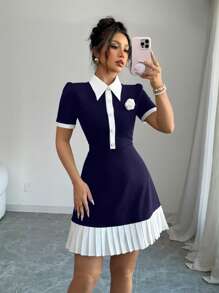 Elenzga Women's Half-Zip Colorblock Floral 3D Mini Dress - Navy Blue - View 6