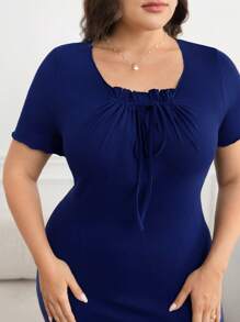 Modelyn Plus Size Women Solid Color Tie Front Short Sleeve Bodycon Fish Tail Dress - Blue - View 6