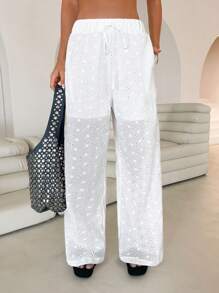 Roylia Damen Urlaubs-Lässig Einfarbige Hohlstick-Stickerei Lange Hose