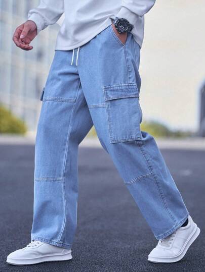 Manfinity Homme Plus Size Men's Drawstring Waist Cargo Denim Jeans Hang Out Going Out College Vacation Urban