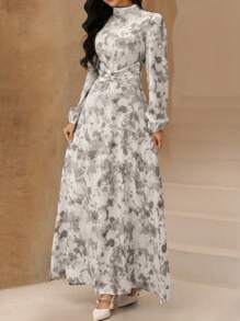 Graceveil 女式雪纺花卉印花立领灯笼袖腰部交叉设计阿拉伯风格连衣裙，端庄 - 灰色 - 查看 3