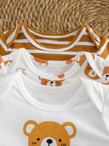 Cozy Pixies Newborn Baby Girl 3-Piece Bear Print Soft Knit Crew Neck Short Sleeve Bodysuit Set - Multicolor - View 4