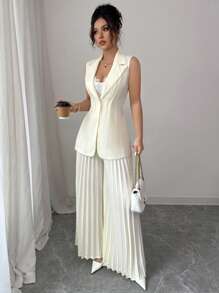 Elenzga Tailored Jacket With Cinched Waist And Pleated Wide Leg Design Suit Set - Apricot - View 4