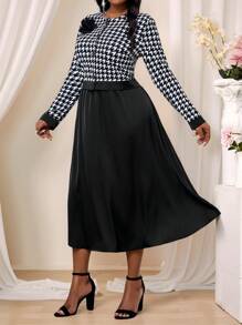 Fleurora Elegante conjunto de 2 piezas de vestido de mujer de manga larga con cuello redondo, estampado pata de gallo y detalles de rosa 3D, ideal para uso en primavera, otoño e invierno en ocasiones como fiestas, conciertos y festivales. Incluye vestido y falda larga. - Blanco y Negro - View 6