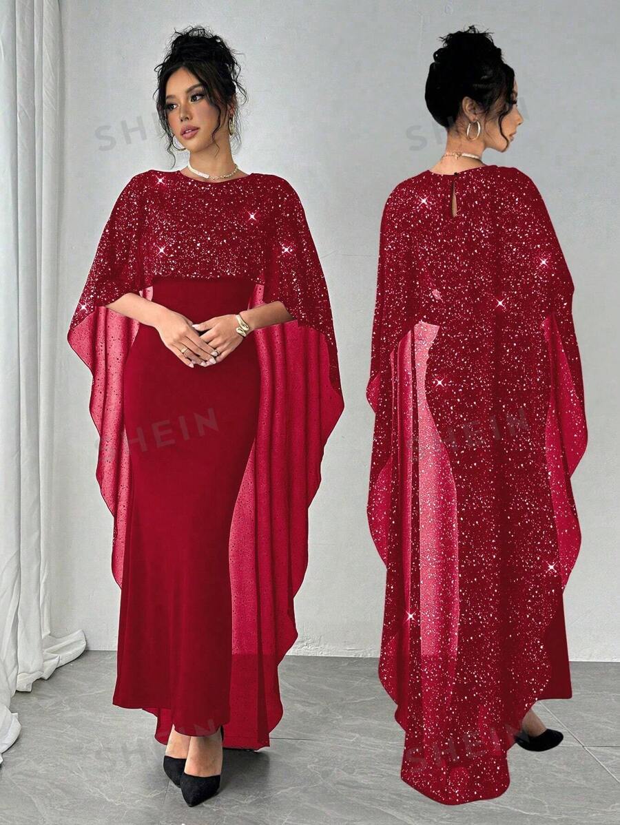 Chiquease Vestido casual ajustado con cuello redondo de rejilla y empalmes, vestido de lentejuelas minimalista para mujer - Burdeos - Ver 1