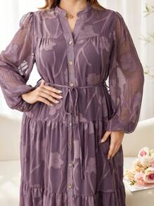 Modelyn Romantic Cut-Out Long Sleeve Loose Layered Dress, Plus Size, Spring/Summer Fall Cloth For Women - Dusty Pink - View 5