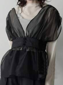 FRIFUL 女士网眼短袖褶腰休闲上衣，适合休闲度假，荷叶边