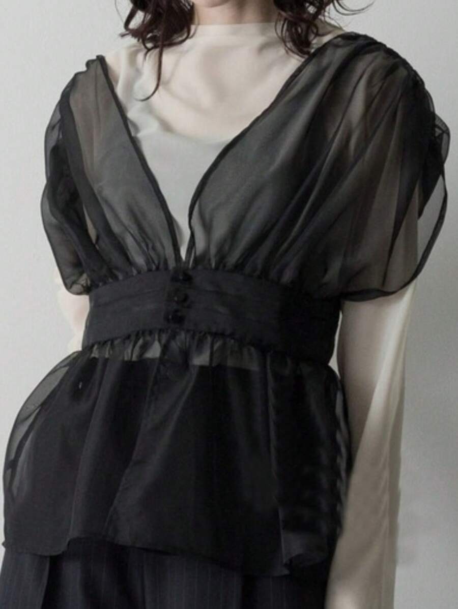 FRIFUL 女士网眼短袖褶腰休闲上衣，适合休闲度假，荷叶边