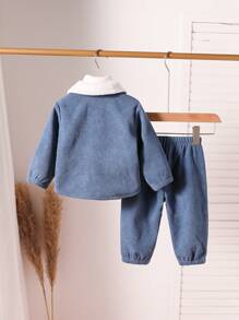 SHEIN Áo khoác dài tay cổ ve lót nhiệt cài nút phía trước cho bé trai và quần lót nhiệt màu trơn, ấm áp và thoải mái khi mặc vào mùa thu, xuân và đông - Màu xanh lam - Xem 2