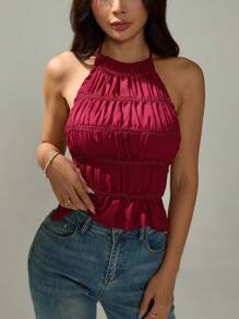 SHEIN PETITE Women's Adjustable Tie Strap Ruched Layered Semi-Sheer Romantic Date Cropped Camisole
