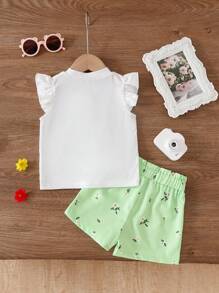 SHEIN BABAGIRL Cute Playful Orange Outfit: Refined Camisole With Cap Sleeves, Whimsical Childlike Pattern, Matching Bow, Perfect For Summer Outings - Green - View 4