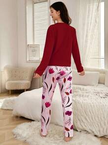 Teen Girls Koala Print Plaid Pajama Set - Burgundy - View 2
