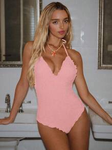 Swim Mod Women Solid Textured Halter Ruffle Hem One-Piece Swimsuit, Sexy & Cute For Summer Beach Vacation - Baby Pink - View 5