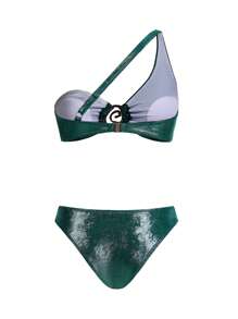 Swim Oasis 3pcs Elegant Green Shiny Material One-Shoulder Bikini Set For Summer Beach Vacation - Dark Green - View 4
