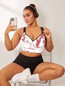 Rhythm Era Plus Size Ink Print Sports Bra With Fixed Cup, Adjustable Shoulder Straps, High Support
