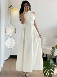 SHEIN Unity 女士优雅挂脖荷叶边花卉装饰褶皱摆无袖连衣裙 - 白色 - 查看 7
