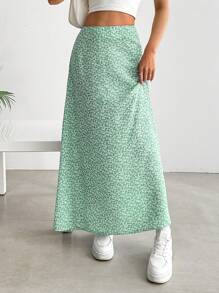 SHEIN EZwear 女士碎花喇叭裙，度假和休闲装 - 綠色 - 查看 6