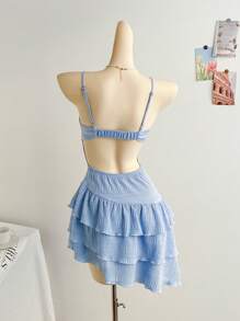Soleia Women Light Blue Summer Elegant Graduation Mini Dress,Textured V-Neck Spaghetti Strap Backless Cinched Waist 3-Tier Asymmetric Ruffle Hem A-Line Dress - Blue - View 2