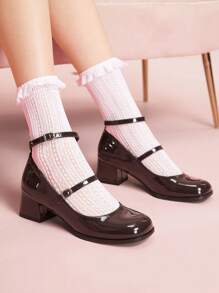 CUCCOO DOLLMOD 咖啡棕色闪亮漆皮踝带玛丽珍鞋，舒适粗跟，适合通勤、约会、派对、学校和各种场合 - 咖啡棕 - 查看 5