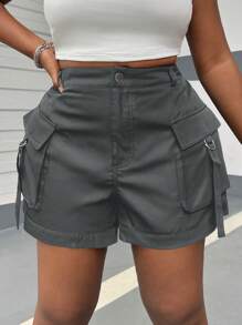 SHEIN EZwear Plus Size Black Utility Casual Versatile Shorts For Summer - Dark Grey - View 1