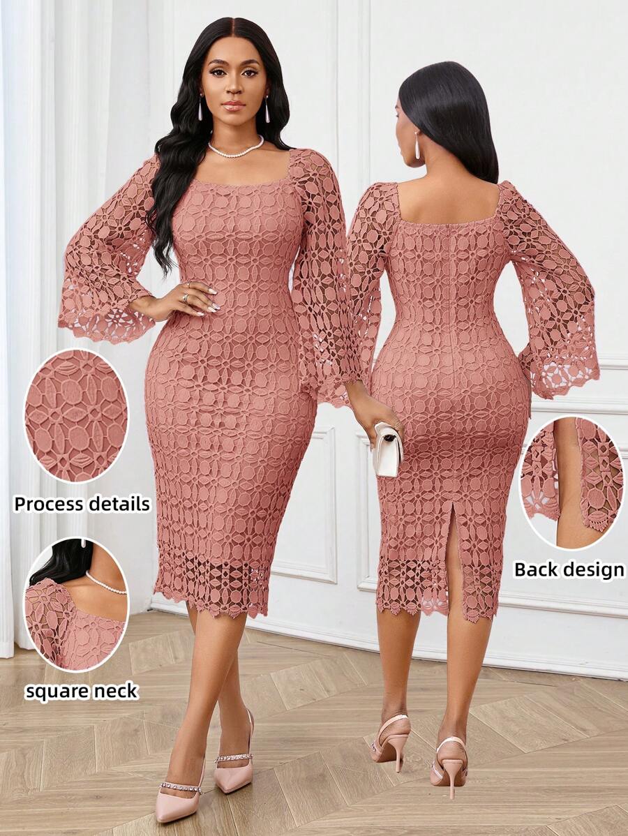 SHEIN Lady 四季秋装化妆舞会礼服优雅女士连衣裙秋季紫色连衣裙蕾丝镂空面料婚纱紫色返校节礼服演唱会女士蕾丝长袖装优雅修身喇叭长袖连衣裙秋季女装 - 珊瑚粉 - 查看 1