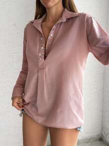 EURMUSE Women's Solid Rhinestone Elegant Blouse - White - View 3