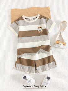 Cozy Pixies Set de 2 piezas de camisa de punto de cuello redondo de manga corta con rayas de colores y pantalones cortos de cintura elástica para niños