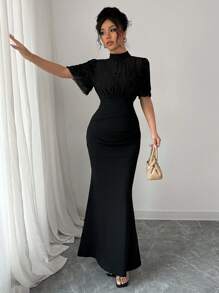 Rafferiza French Elegant Solid Color Stand Collar Double Layer Bowknot Tie Ruffle Trim Fitted Mesh Overlay Women Mini Dress - Black - View 1