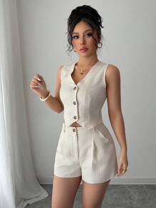 SHEIN PETITE Women's 2025 New Casual Vest And Shorts 2 Pieces Set - Apricot - View 5