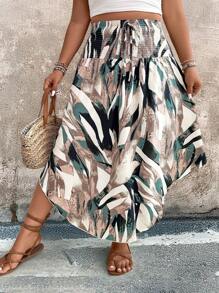 SHEIN Clasi Plus Size Women All-Over Print Drawstring Asymmetric Hem Vacation Print Midi Skirt Fall Cloth For Women - Multicolor - View 6